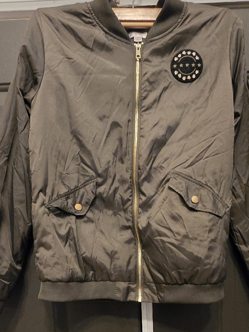 Olive Green Military Patch Bomber Jacket with Rose Embroidery